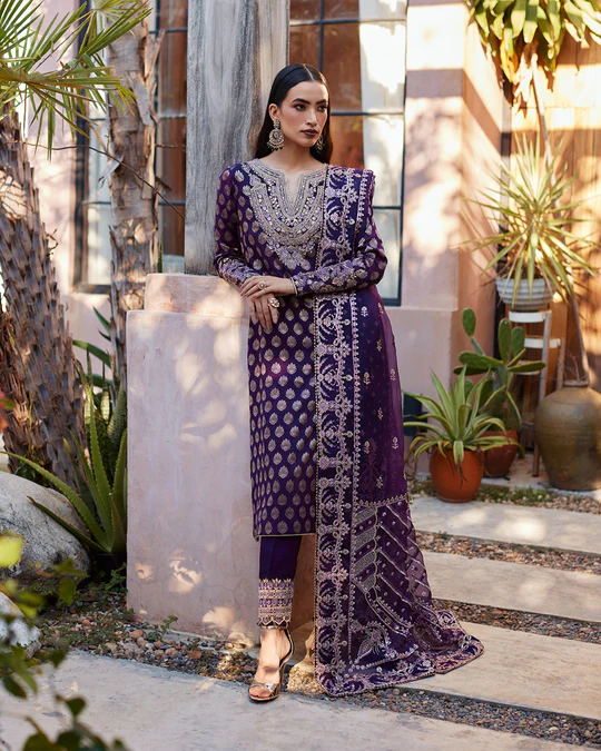 fitted lace wedding dress Faiza Saqlain Purple Formal Collection Chiffon dress – Emarlad Wear main image 1