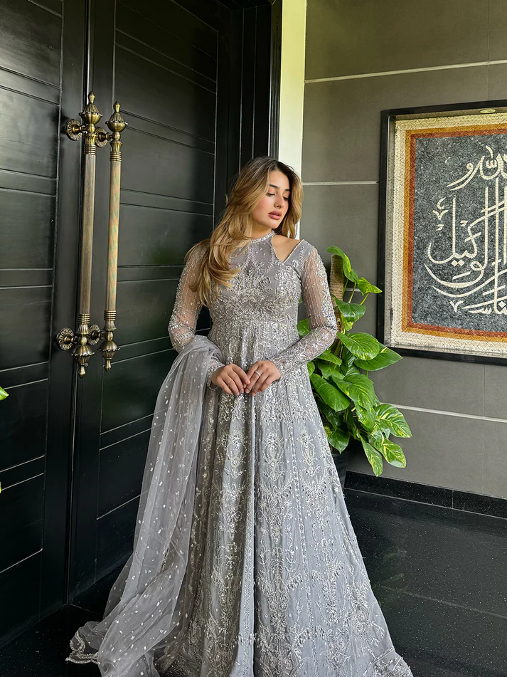 avanti formal dresses Gray Chiffon Cutout Elegant Draped Prom Dress M02083